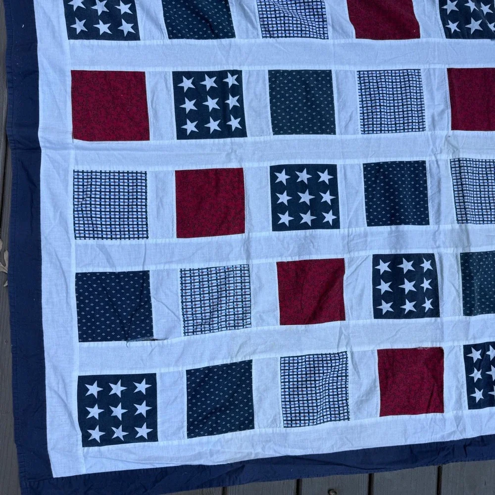 1. Handmade Patriotic Patchwork Quilt Top 70.5x54 Red White Blue Stars Americana